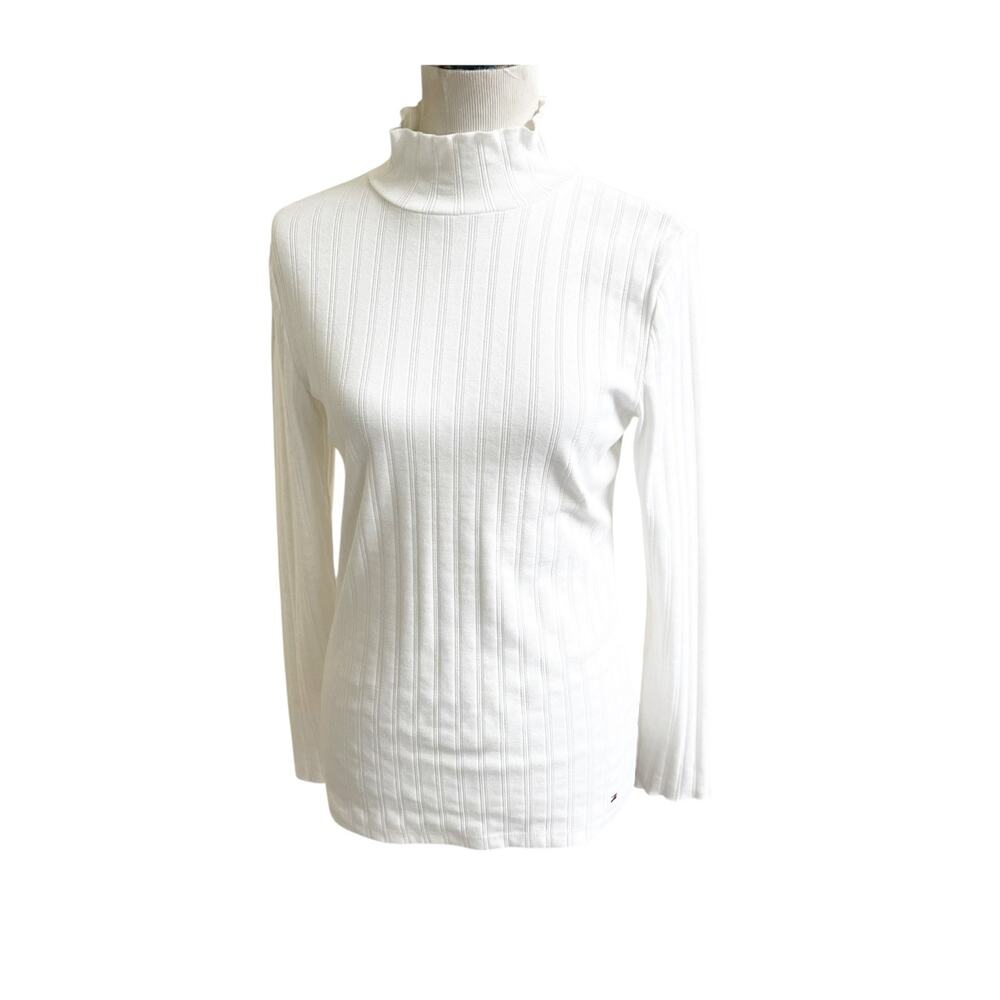 Tommy Hilfiger Top Women's Medium White Ribbed Mock Neck Long Sleeve Preppy
